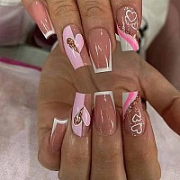 Foccna Artificail Medium Long Valentines Day Press On Nails Pink, Love Fake Nails With Sequins Glitter Acrylic Nude Full Cover Fake Nails With Design Nail Tips For Womengirls,24Pcs