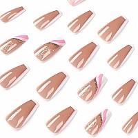 Foccna Artificail Medium Long Valentines Day Press On Nails Pink, Love Fake Nails With Sequins Glitter Acrylic Nude Full Cover Fake Nails With Design Nail Tips For Womengirls,24Pcs