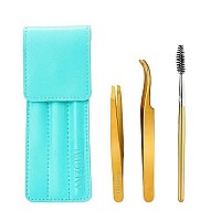 Lash Tweezers For Eyelash Extensions Clusters Lashes Applicator Tool Kit Amzgirl 3Pcs Eyelashes Tweezer With Mirrorbrush Set Stainless Steel Applicators For Diy Lashes Application Removal (Golden)