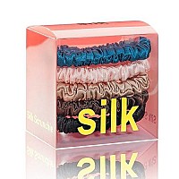 Silmer Silk Scrunchies Hair Tie 22 Momme 100 Mulberry 5 Pack(Peacock Blue,Pink,Apricot, Dark Coffee, Black)