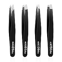 Tweezers Set, Professional Stainless Steel Tweezers For Eyebrows, Great Precision For Facial Hair, Splinter And Ingrown Hair Removal (4 Count 38Inch, Black)