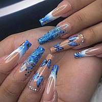 Foccna Artificail Extra Long Press On Rhinestone Nails Butterfly Fake Nails With Sequins Glitter Acrylic Blue Full Cover Fake Nails With Design Nail Tips For Womengirls, 24Pcs