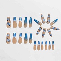 Foccna Artificail Extra Long Press On Rhinestone Nails Butterfly Fake Nails With Sequins Glitter Acrylic Blue Full Cover Fake Nails With Design Nail Tips For Womengirls, 24Pcs