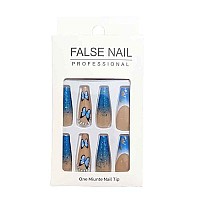 Foccna Artificail Extra Long Press On Rhinestone Nails Butterfly Fake Nails With Sequins Glitter Acrylic Blue Full Cover Fake Nails With Design Nail Tips For Womengirls, 24Pcs