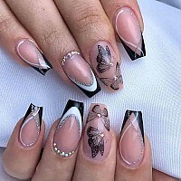 Rikview Black Press On Nails Medium Fake Nails Nude French Tip Nails With Design Coffin Acrylic Nails Glossy Nails