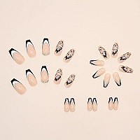 Rikview Black Press On Nails Medium Fake Nails Nude French Tip Nails With Design Coffin Acrylic Nails Glossy Nails