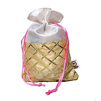 2Ds Gota Work Silk Potli Bags For Return Gifts (Set Of 6) Batwa For Gifting Purpose. Wedding Gift Potli/Jewellery Pouch, Shagun Potli Set, Ideal Handbag Potli For Diwali Gift Packing Colour_Offwhite