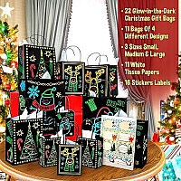 Christmas Holiday Glowinthedark Gift Bag 22 Piece 11 Bags Of 4 Different Designs 3 Sizes Large Medium Small 11 White Tis