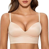 Dobreva Womens Push Up Wireless Bra Padded T Shirt Bras No Underwire Plunge Beige 32C