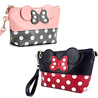 Aholicshop 2 Pcs Cartoon Leather Travel Makeup Handbag Cute Portable Cosmetic Bag Toiletry Pouch For Women Teen Girls Kids Bla