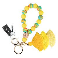 Bisanzoya Beaded Keychain With Tassel Silicone Key Ring Bracelet Cute Boho Car Key Chain Wristlet For Women Fluorescence Yel