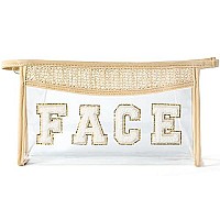 Belanttega Boho Patch Glam Makeup Bag Clear Toiletry Bag Varsity Letter Travel Cosmetic Bag Beige Transparent Waterproof Snacks