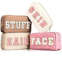 Cunno 4 Pcs Preppy Makeup Bag Chenille Letter Nylon Cosmetic Bag Makeup Bag Toiletry Cosmetic Case Preppy Bag With Zipper Stuff