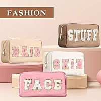 Cunno 4 Pcs Preppy Makeup Bag Chenille Letter Nylon Cosmetic Bag Makeup Bag Toiletry Cosmetic Case Preppy Bag With Zipper Stuff