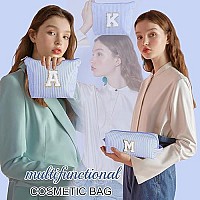 Yoolife Cute Makeup Bag For Women Girls Preppy Makeup Bag Personalized Initial Blue Makeup Pouch For Girlfriend Bridesmaid Wif