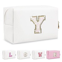 Small Initial Patch Makeup Bag Personalized Gifts Make Up Bag White Cute Pu Leather Glitter Letter Cosmetic Bag With Zipper Tren