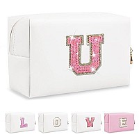 Small Initial Patch Makeup Bag Personalized Gifts Make Up Bag White Cute Pu Leather Glitter Letter Cosmetic Bag With Zipper Tren