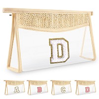 Uixizq Personalized Initial Letter Bag Boho Straw Clear Makeup Bag Small Cute Chenille Varsity Letter Bag With Zipper Beach Trav