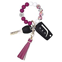 Baosiwa Silicone Beaded Bracelet Keychain Plum Flower Wristlet Key Ring Bangle Chains Christmas Gifts For Women Girls With Leath