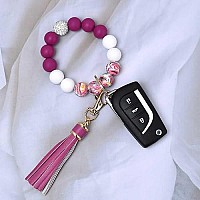 Baosiwa Silicone Beaded Bracelet Keychain Plum Flower Wristlet Key Ring Bangle Chains Christmas Gifts For Women Girls With Leath