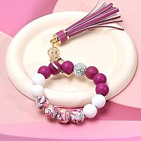 Baosiwa Silicone Beaded Bracelet Keychain Plum Flower Wristlet Key Ring Bangle Chains Christmas Gifts For Women Girls With Leath