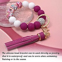 Baosiwa Silicone Beaded Bracelet Keychain Plum Flower Wristlet Key Ring Bangle Chains Christmas Gifts For Women Girls With Leath