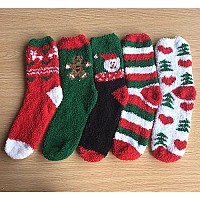 Loritta 5 Pairs Womens Fuzzy Socks Winter Warm Cozy Fluffy Super Soft Slipper Socks D2Colorful Christmas