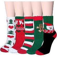 Loritta 5 Pairs Womens Fuzzy Socks Winter Warm Cozy Fluffy Super Soft Slipper Socks D2Colorful Christmas