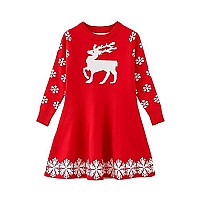 Smiling Pinker Little Girls Christmas Dress Reindeer Snowflake Xmas Gifts Winter Knit Sweater Dresses 45T Red