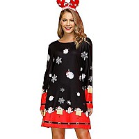 Christmas Dresses For Women Aline Flared Xmas Santa Long Sleeve Swing Ugly Party Costume Dark Night L