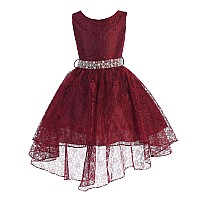 High Low Lace Dress With Rhinestones Belt Pageant Flower Girl Dress Burgundy Size 18