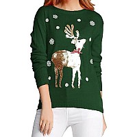 V28 Ugly Christmas Sweater Women Girls Cute Shining Reindeer Pullover Sweater M Dark Green Lightgold Deer