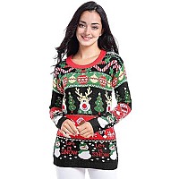 V28 Varied Ugly Christmas Sweater For Women Merry Reindeer Shirt Knit Sweaters Large Deer Snowman Black