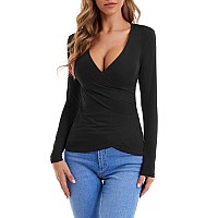 Guberry Womens Surplice Top Basic Long Sleeve Wrap Front V Neck Fitted T Shirt Xxlarge A Black