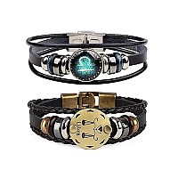 Dcfywl731 2Pcs Libra Zodiac Bracelets For Women 12 Constellations Multilayer Leather Bracelet Handmade Woven Zodiac Sign Wrap Wr