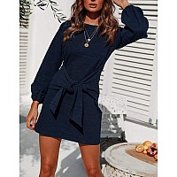 Rvivimos Womens Autumn Winter Cotton Long Sleeves Elegant Knitted Bodycon Tie Waist Sweater Pencil Dress Large Navy Blue