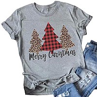 Merry Christmas Tree Print Tshirt Women Leopard Plaid Casual Short Sleeve Tee Tops Blouse Size M Gray