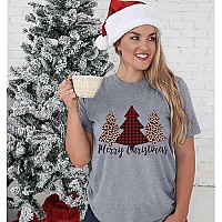 Merry Christmas Tree Print Tshirt Women Leopard Plaid Casual Short Sleeve Tee Tops Blouse Size M Gray