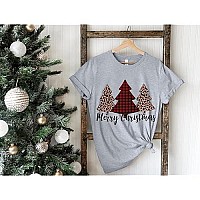 Merry Christmas Tree Print Tshirt Women Leopard Plaid Casual Short Sleeve Tee Tops Blouse Size M Gray