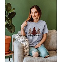 Merry Christmas Tree Print Tshirt Women Leopard Plaid Casual Short Sleeve Tee Tops Blouse Size M Gray