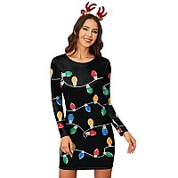 For G And Pl Christmas Womens Long Sleeve Black Bodycon Costume Printed Dress Crewneck Pullover Outfits Light M