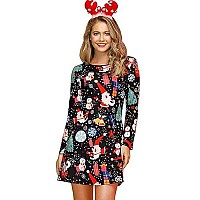 Womens Ugly Christmas Jingle Bell Dresses Long Sleeve Flare Printed Funny Swing Costume Santa L