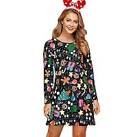 Women Christmas Dresses Cute Casual Printed Long Sleeve Fit And Flare Swing Costume Gingerbread Xl