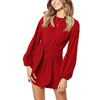 Rvivimos Womens Autumn Winter Cotton Long Sleeves Elegant Knitted Bodycon Tie Waist Sweater Pencil Dress Small Red