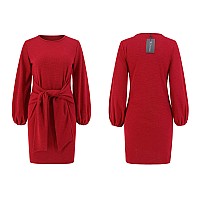 Rvivimos Womens Autumn Winter Cotton Long Sleeves Elegant Knitted Bodycon Tie Waist Sweater Pencil Dress Small Red