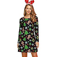 For G And Pl Womens Christmas Costume Swing Long Sleeve Casual Print Gingerbread Crewneck T Shirt Dresses M