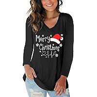 Christmas Hat Long Sleeve Cute Tees For Women Snowflake Graphic Christmas V Neck Tops S