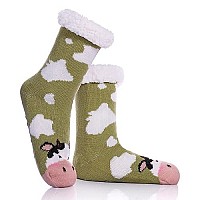 Dyw Women Winter Thick Slipper Socks With Grippers Non Slip Warm Fleece Lining Fluffy Fuzzy Socks Christmas Gifts Green Cow