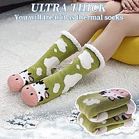 Dyw Women Winter Thick Slipper Socks With Grippers Non Slip Warm Fleece Lining Fluffy Fuzzy Socks Christmas Gifts Green Cow