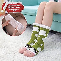 Dyw Women Winter Thick Slipper Socks With Grippers Non Slip Warm Fleece Lining Fluffy Fuzzy Socks Christmas Gifts Green Cow